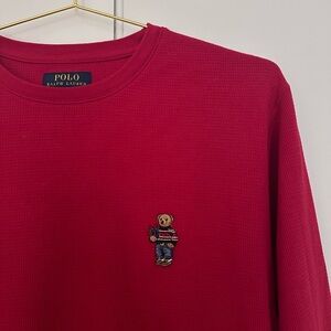 Polo Ralph Lauren Shirt Mens L Red Preppy Bear Waffle Knit Thermal Sleepwear